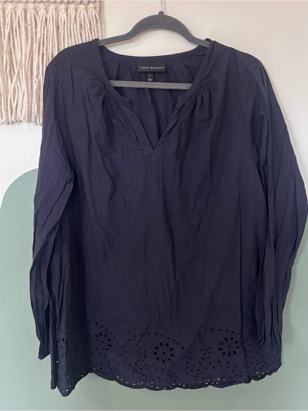 Lane Bryant Navy Eyelet-Hem Peasant Blouse